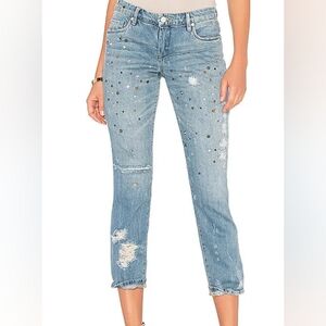 BLANKNYC Womens 24 Studded Stars Destroyed Girlfriend Distressed Crop Jeans